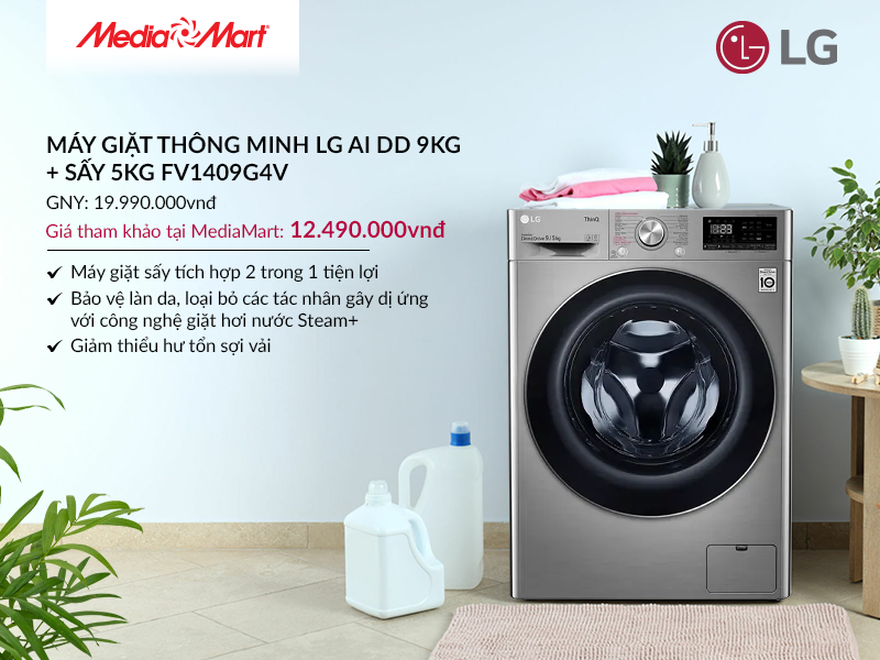 Máy giặt thông minh LG AI DD 9kg + sấy 5kg FV1409G4V