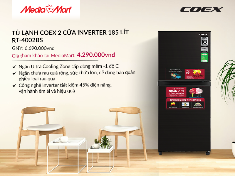 Tủ lạnh 2 cửa Inverter 185 Lít COEX RT-4002BS