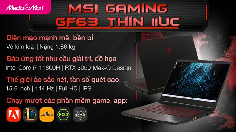 Laptop MSI GF63 Thin 11UC-1228VN giảm 22%, giá chỉ còn 18,49 triệu đồng