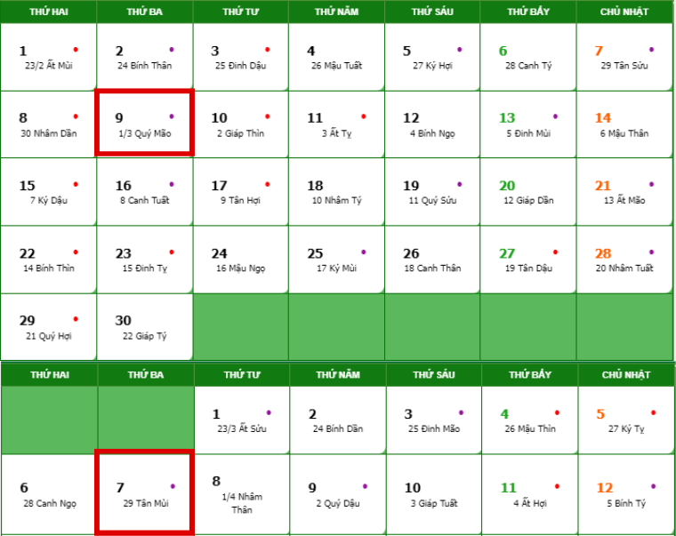 Lịch âm tháng 3 năm 2024 chi tiết, chính xác nhất