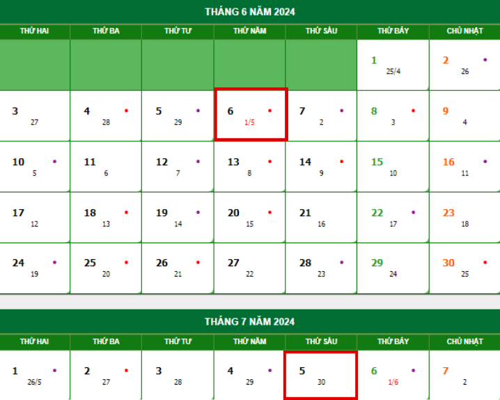 Lịch âm tháng 5 năm 2024 chính xác nhất