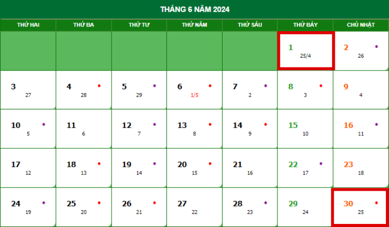 Lịch âm tháng 6 năm 2024