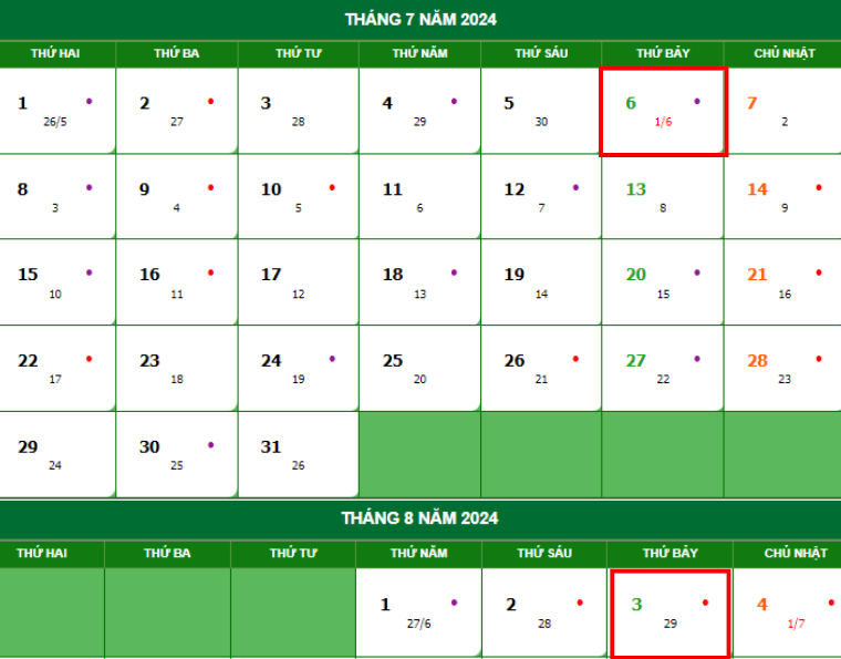 Lịch âm tháng 6 năm 2024