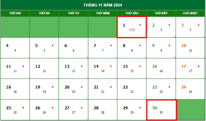Lịch âm tháng 10 năm 2024 chính xác nhất