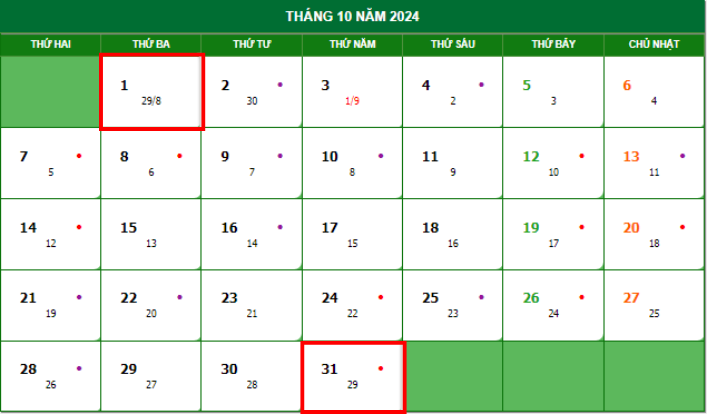 Lịch âm tháng 10 năm 2024 chính xác nhất