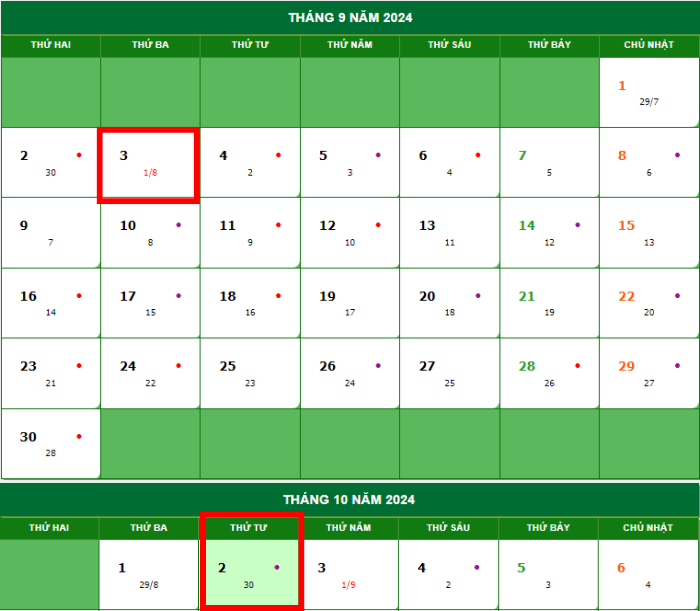 Lịch âm tháng 8 năm 2024 chính xác nhất