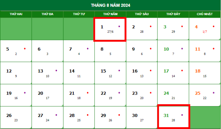 Lịch âm tháng 8 năm 2024 chính xác nhất