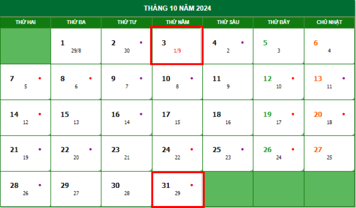 Lịch âm tháng 9 năm 2024 chính xác nhất