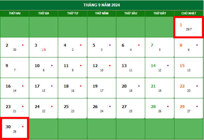Lịch âm tháng 9 năm 2024 chính xác nhất