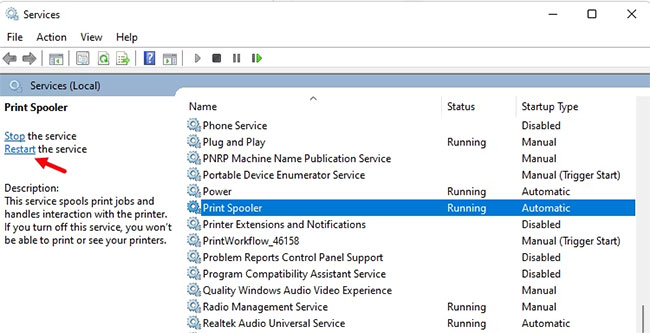 Khởi động lại service Print Spooler