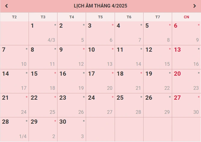 Lịch âm tháng 4 năm 2025 Chi Tiết