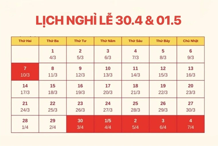 30/4, 1/5 được nghỉ mấy ngày?