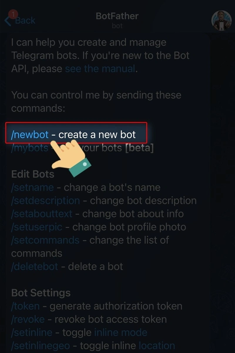 Nhấn vào mục /newbot – create a new bot