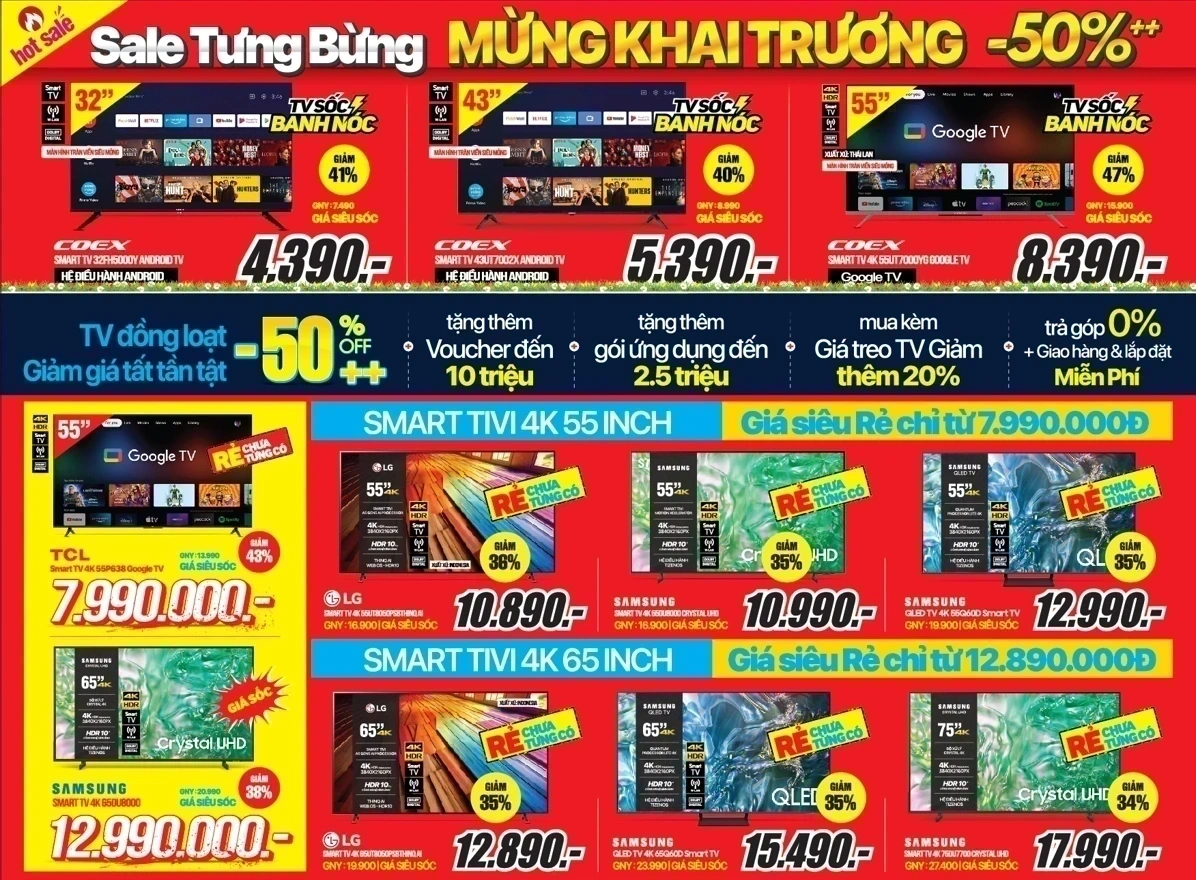 Sale tưng bừng, Mừng Khai Trương, Giảm 50% Cho Toàn Bộ TV