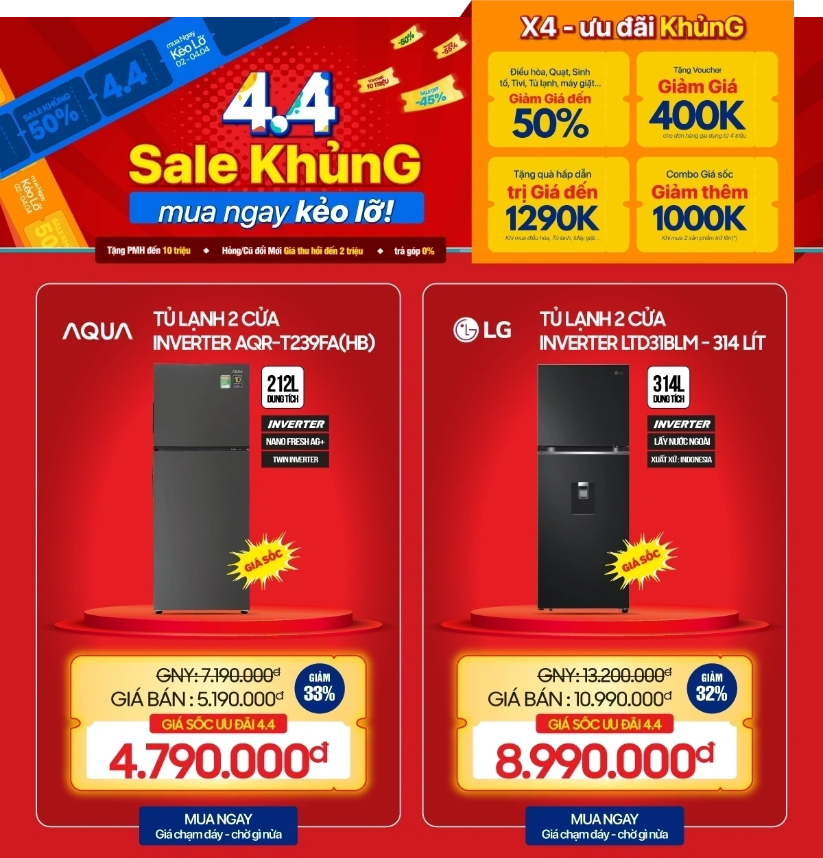 Tủ lạnh, máy giặt giá chỉ từ 4.79Tr - Tặng ngay bộ quà gia dụng trị giá tới 1.29Tr