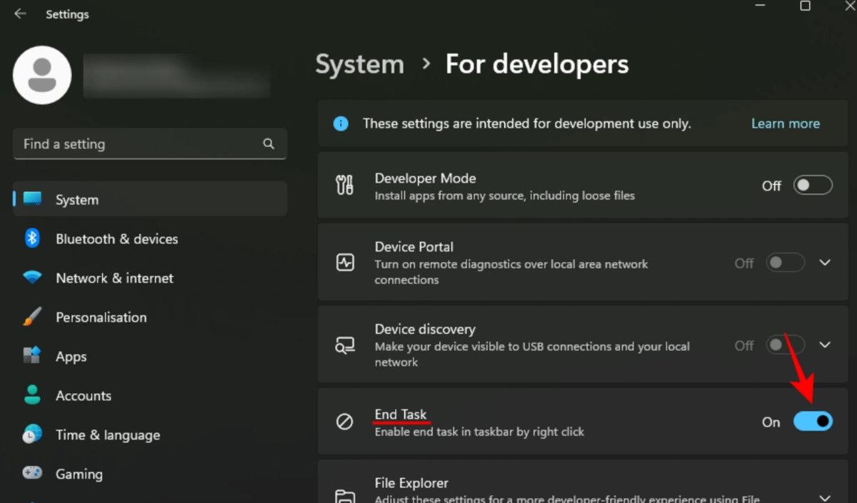 Bật thanh trạng thái của mục "End Task right-click on Taskbar" sang ON