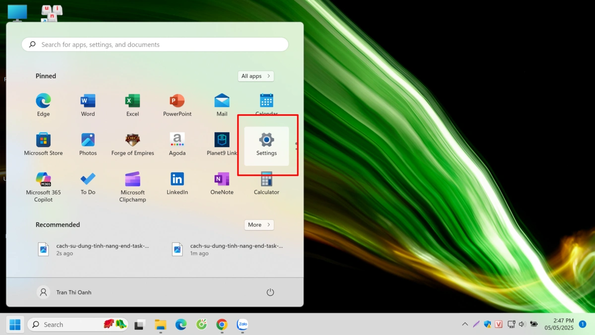 Chọn mục Settings