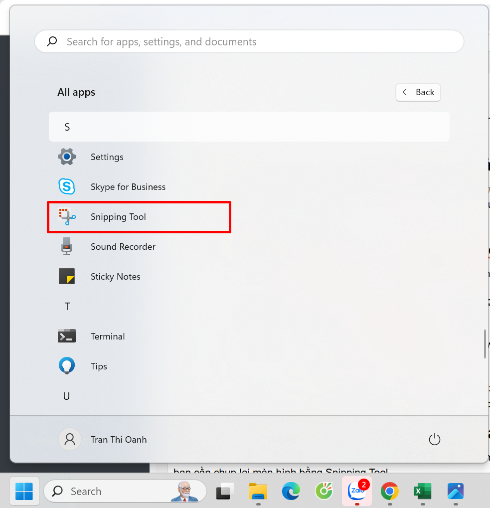 Mở Snipping Tool từ menu Start