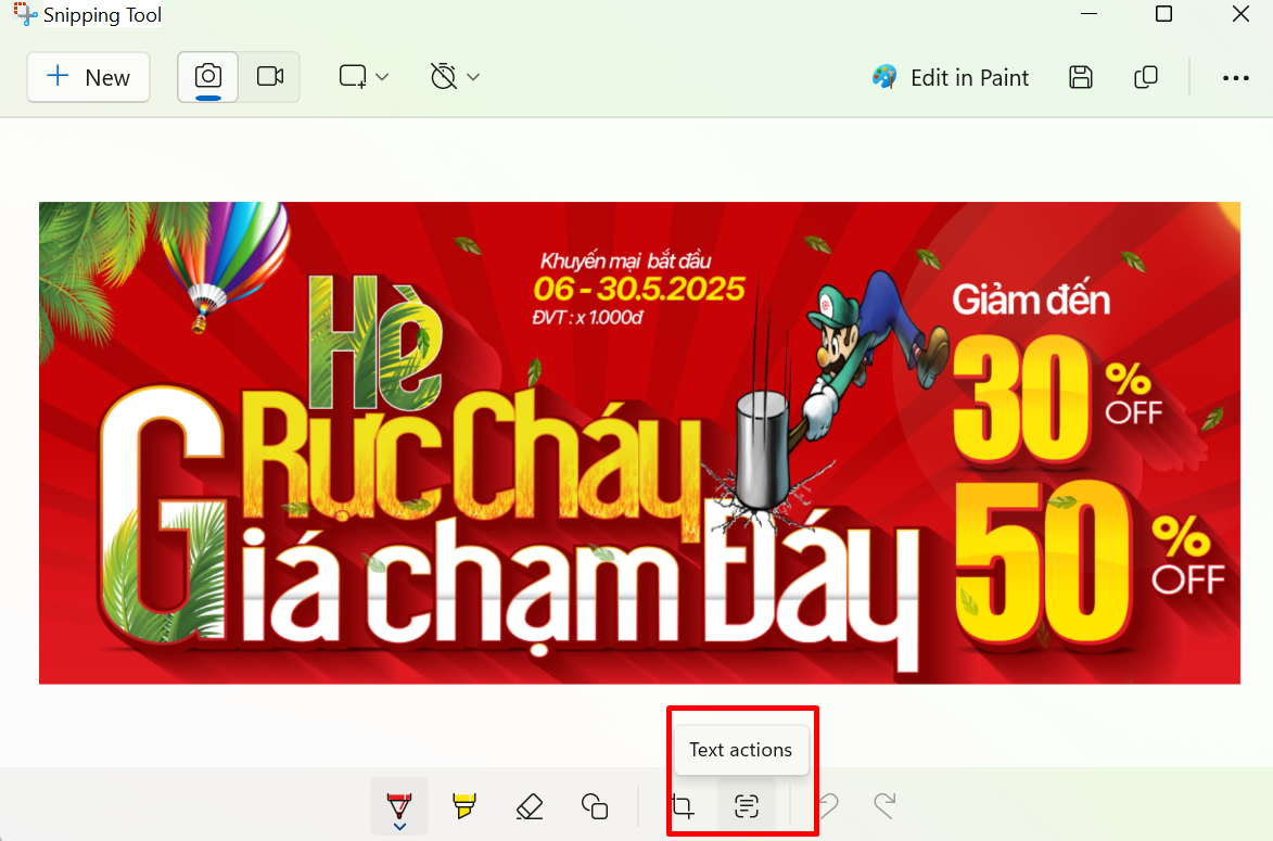 Nhấp vào Text Actions trong cửa sổ Snipping Tool