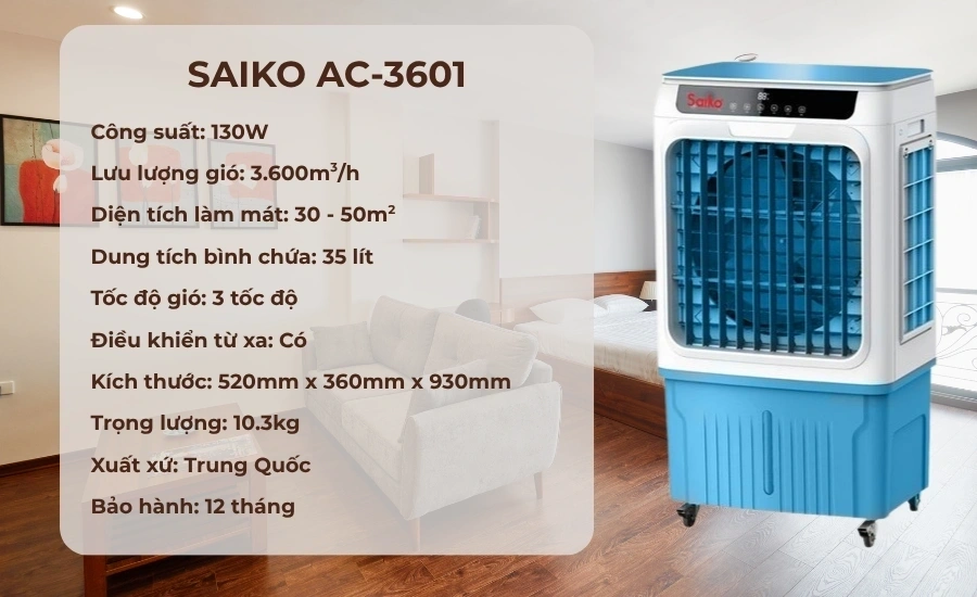Quạt điều hòa điện tử Saiko AC-3601 phù hợp với căn hộ nhỏ, cần tiết kiệm chi phí