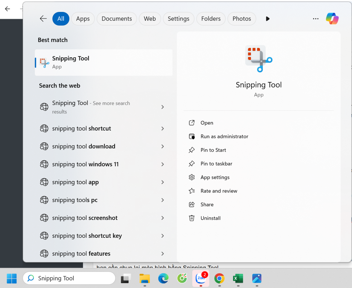 Sử dụng thanh Search để tìm công cụ Snipping Tool