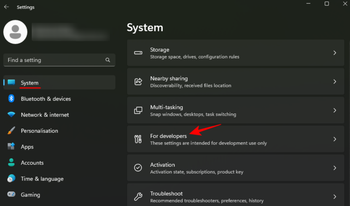 Trong phần System chọn mục For Developers