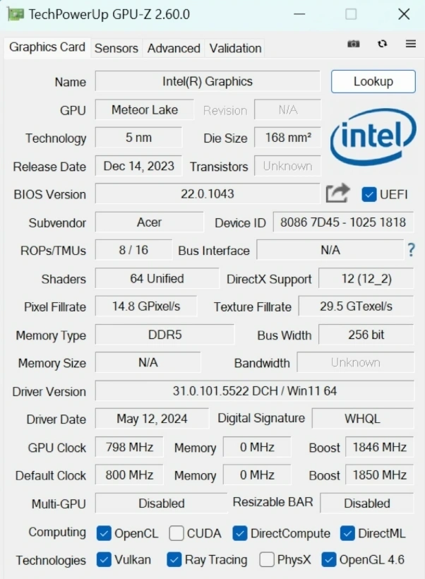 Acer Swift Lite 14 AI (SFL14-51M-56HS) sử dụng card đồ họa Intel(R) Graphics