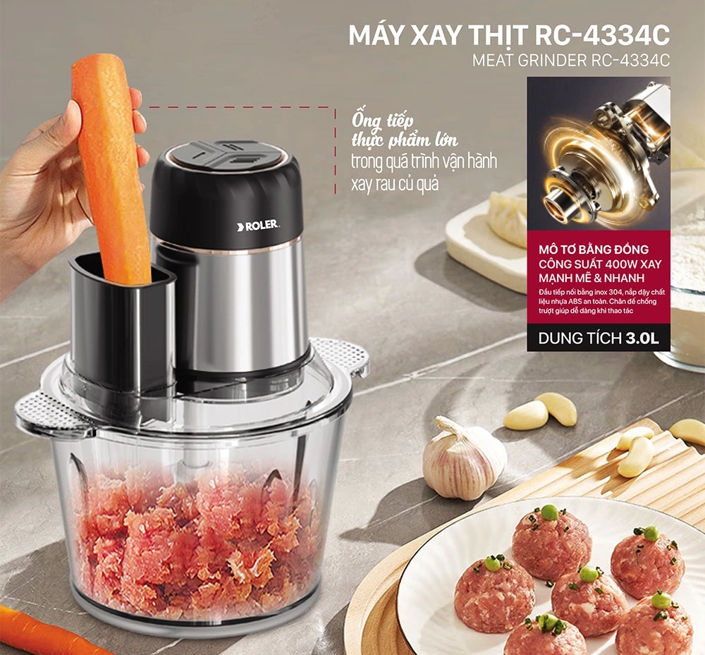 Máy xay thịt cắt lát Roler RC-4334C an toàn với ống tiếp thực phẩm lớn, có thể cắt lát nguyên củ cà rốt