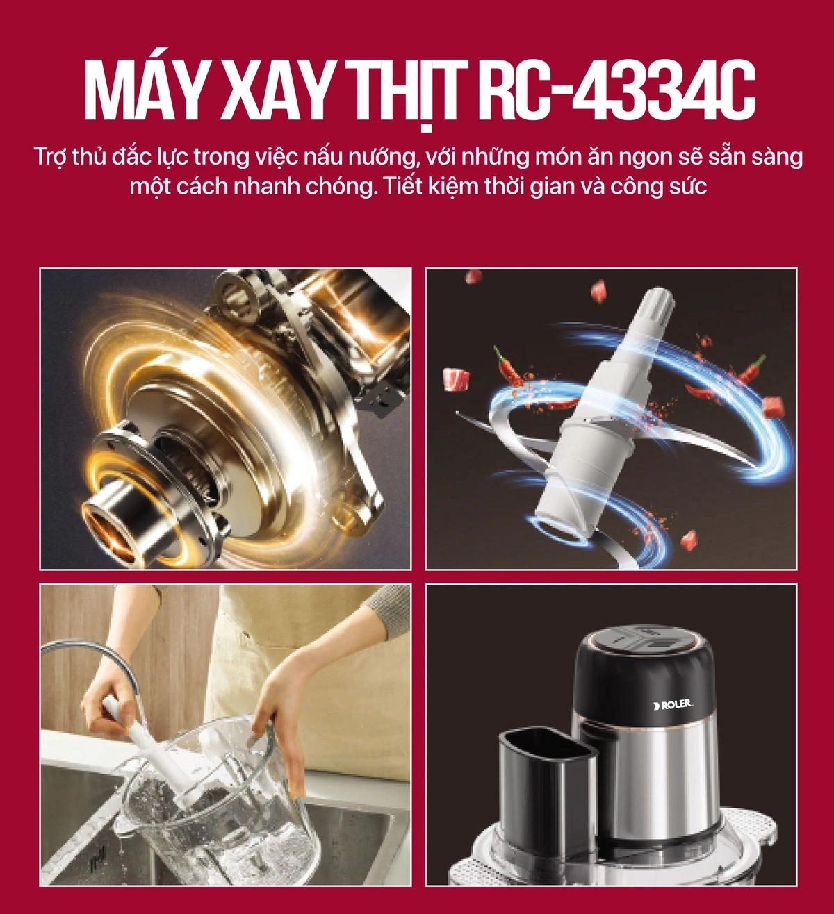 Máy xay thịt cắt lát Roler RC-4334C được làm từ các vật liệu cao cấp
