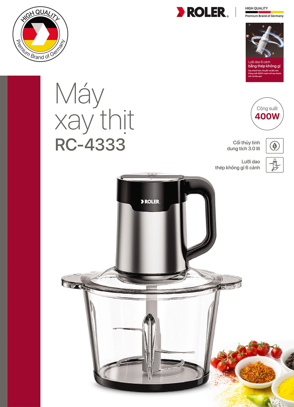 Máy xay thịt đa năng Roler RC-4333 có thiết kế hiện đại, kích thước nhỏ gọn phù hợp với mọi căn bếp