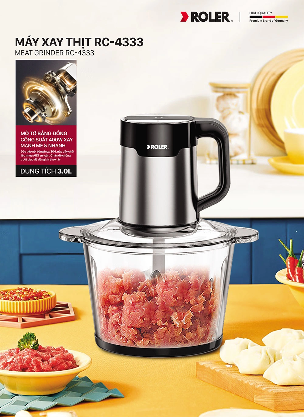Máy xay thịt đa năng Roler RC-4333 vận hành êm ái, khả năng xay mạnh mẽ