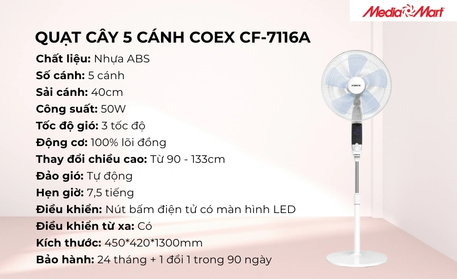 Quạt cây 5 cánh Coex CF-7116A có điều khiển từ xa mang đến sự thuận tiện cho người dùng