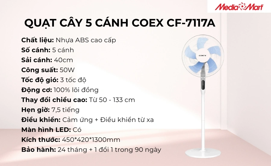 Quạt cây 5 cánh Coex CF-7117A với thiết kế thay đổi độ cao có thể tích hợp 3 loại quạt bàn, quạt lửng, quạt đứng trong 1 thiết bị