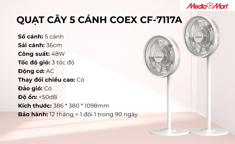 Quạt cây 5 cánh Coex CF-7121D là chiếc quạt cây dưới 2 triệu rất đáng để bạn lựa chọn