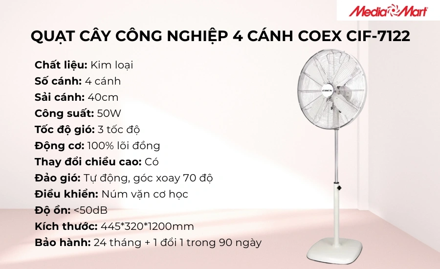 Quạt cây công nghiệp 4 cánh Coex CIF-7122 là giải pháp làm mát tiết kiệm cho các không gian rộng