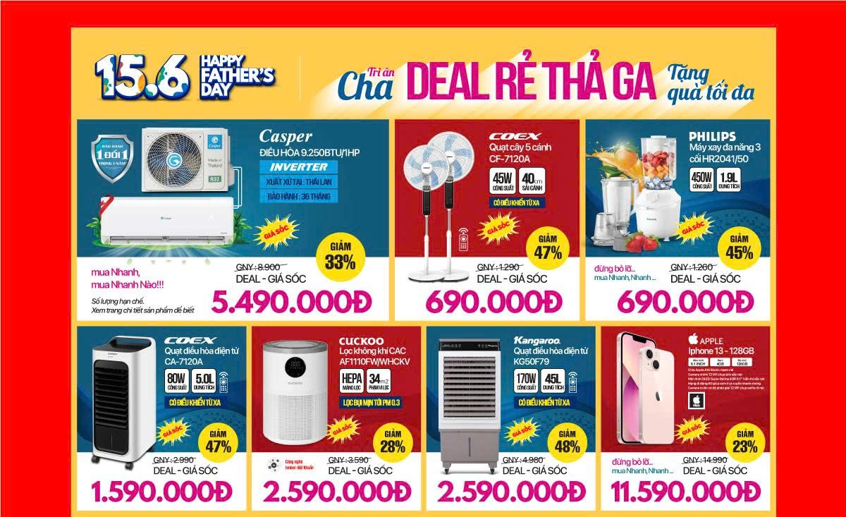 Tri ân cha - Deal rẻ thả ga - Tủ lạnh, quạt mát, máy giặt sấy giảm tối đa (-50%)