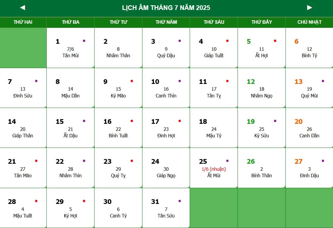 Xem lịch Âm tháng 7 2025 chi tiết nhất