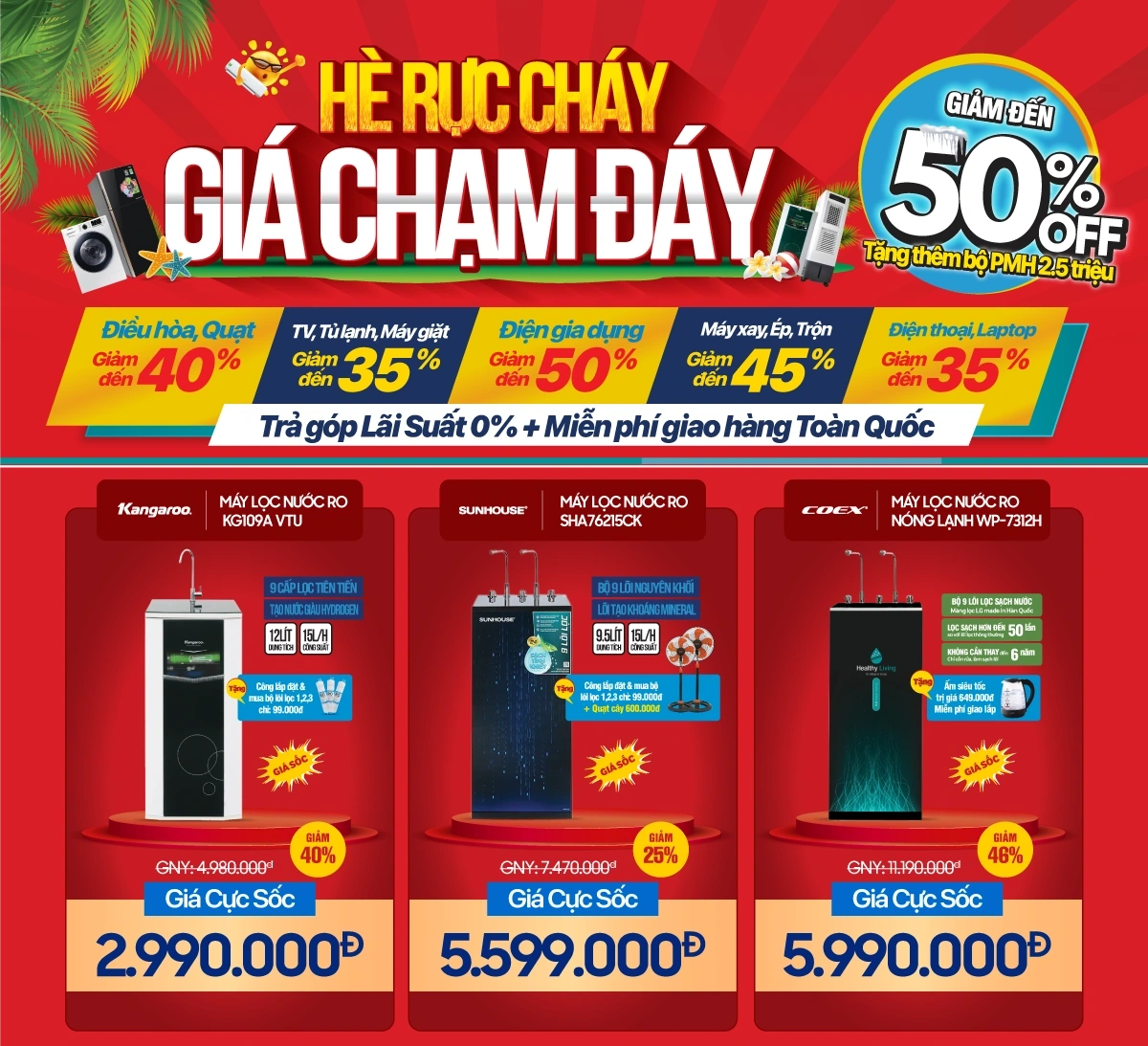 Hè rực cháy, sale chạm đáy nhiều loại máy lọc nước, cây nước nóng lạnh