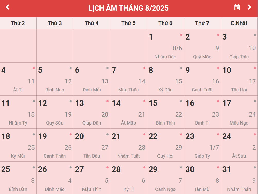 Lịch Âm tháng 8 2025