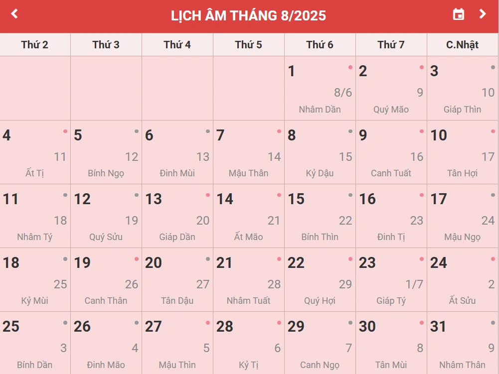Lịch Âm tháng 8 2025
