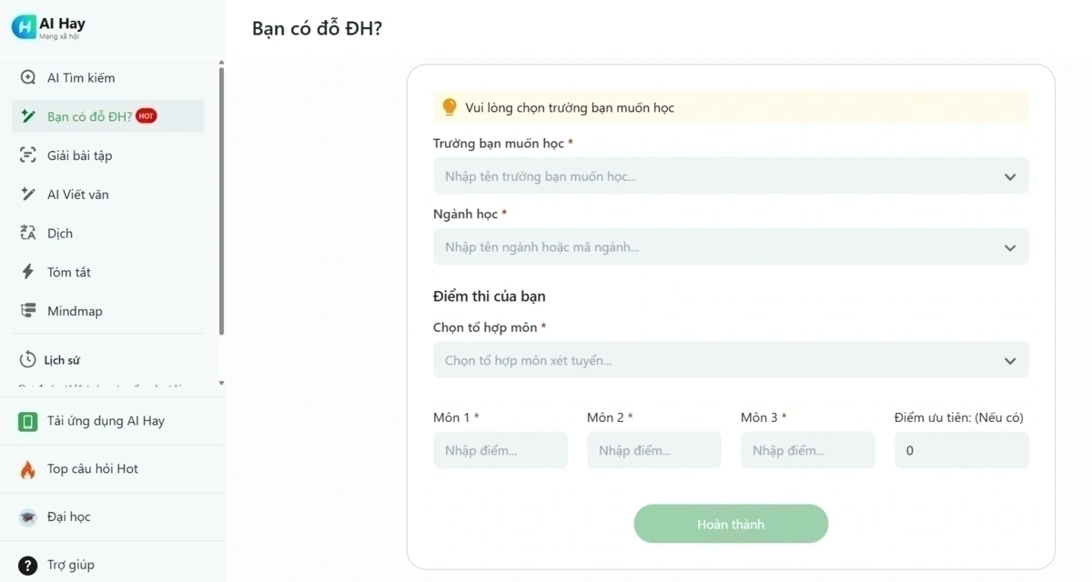 Người dùng chọn mục "Bạn có đỗ ĐH?" để vào công cụ dự đoán
