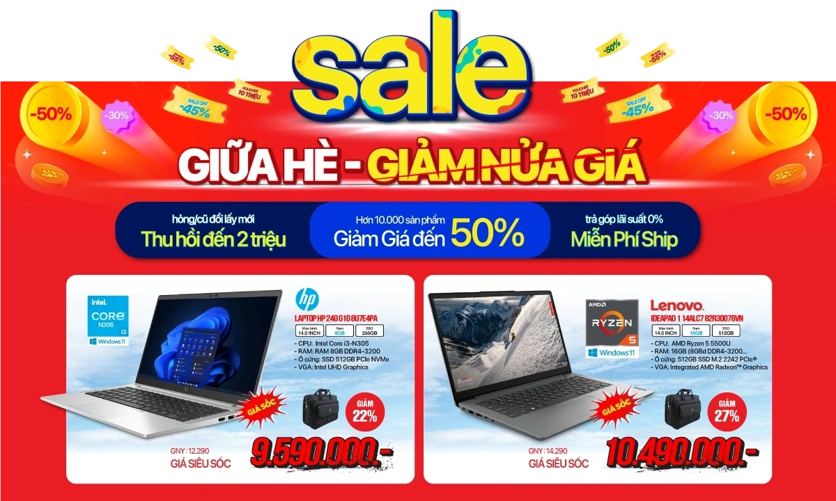 Sale giữa hè - Laptop LENOVO, HP giảm nửa giá - Giảm đến 9 Triệu - Tặng thêm Quạt cây Coex trị giá 790k - Trả góp 0%