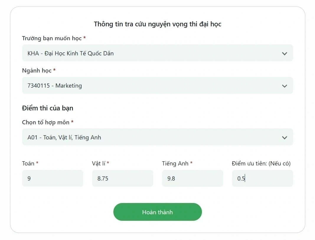 Sĩ tử nhập thông tin điểm thi và nguyện vọng 