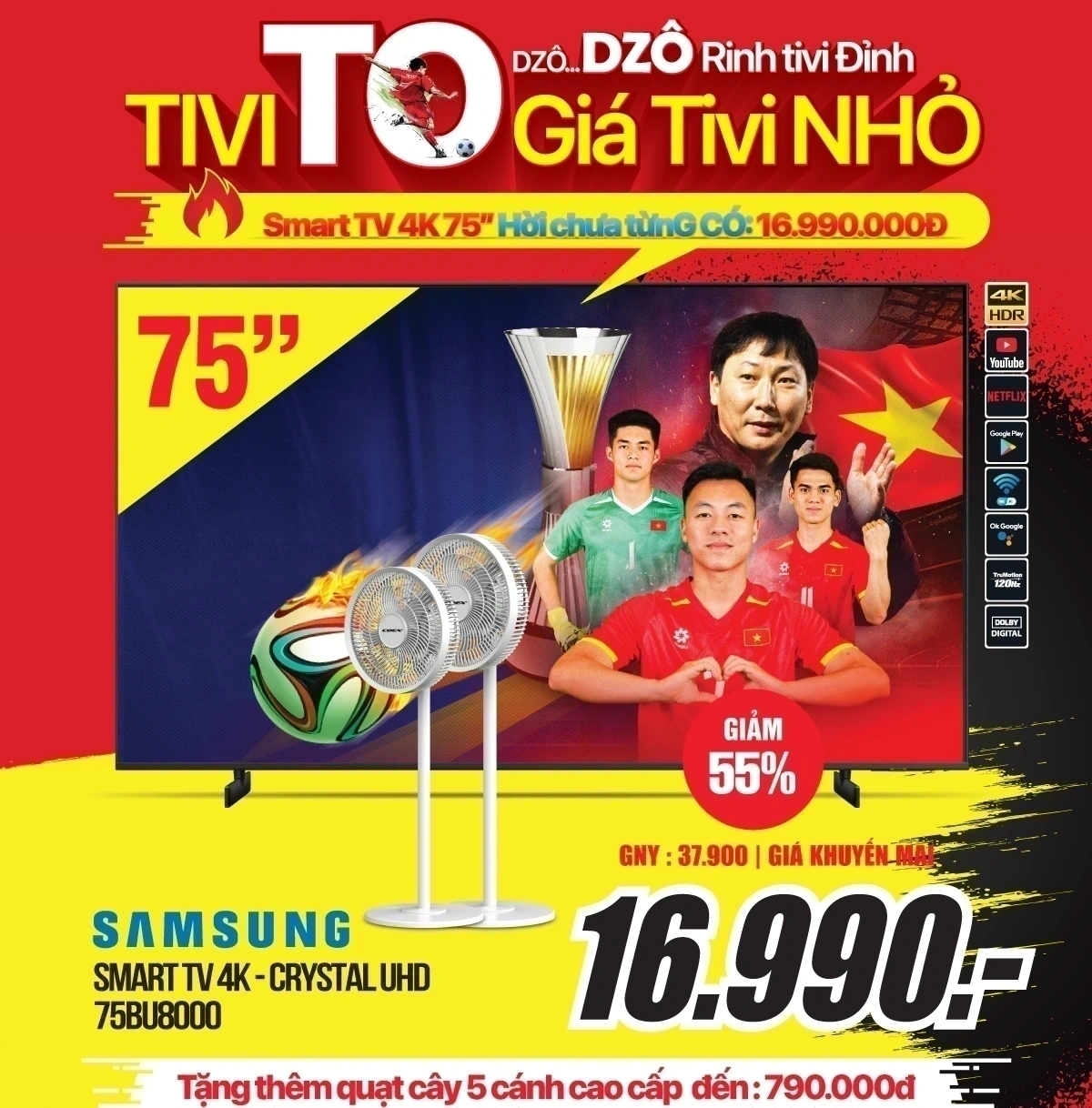 Tặng thêm quạt cây 5 cánh cao cấp khi mua tivi tại MediaMart