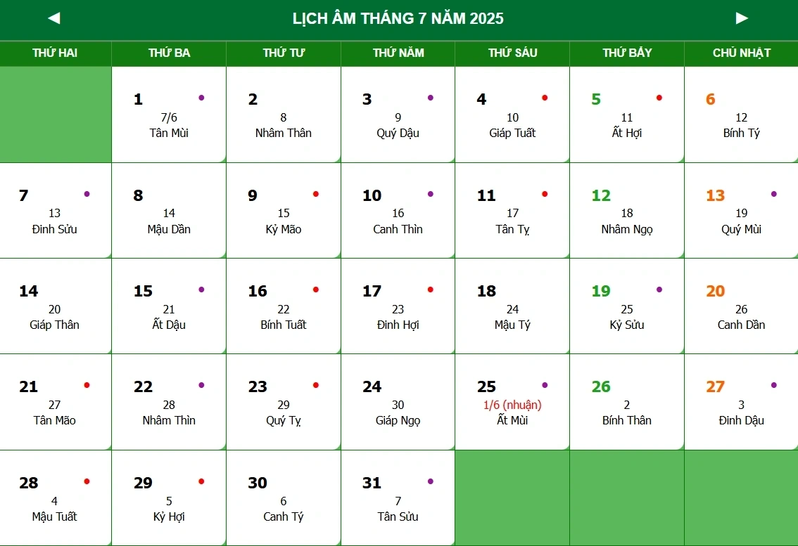 Xem lịch tháng 7 2025 chi tiết nhất