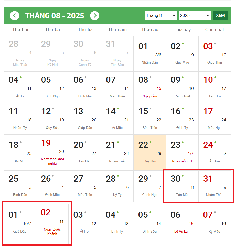 Lịch nghỉ lễ Quốc khánh 2/9 năm 2025 của người lao động