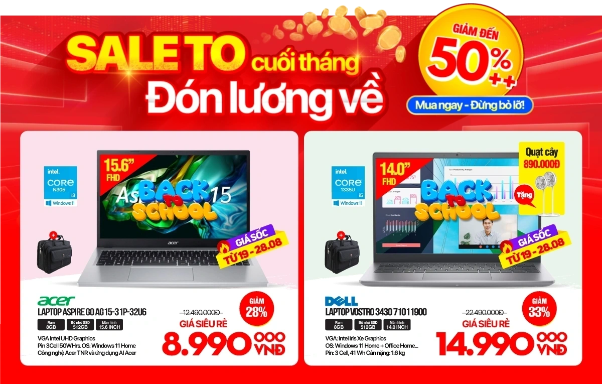 SALE TO Cuối tháng đón lương về - Laptop ACER, DELL giảm tất tần tật -50%