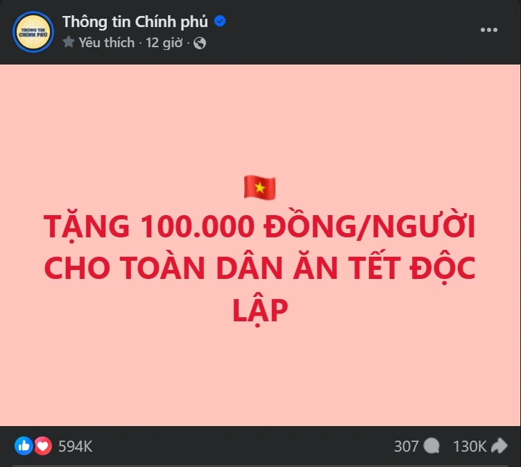 Thông báo tặng 100.000 đồng/người cho toàn dân ăn Tết Độc lập trên fanpage Thông tin Chính phủ