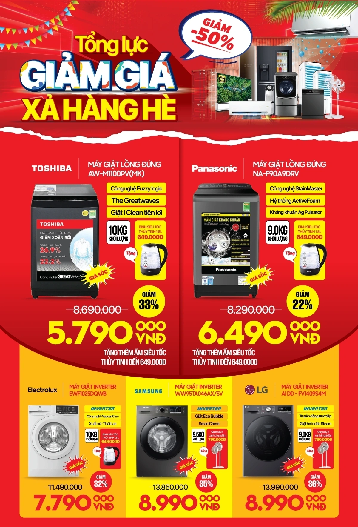 Tổng lực giảm giá - Điều hòa, tủ lạnh, máy giặt... giảm tới 3 triệu - chỉ từ 4,19 Tr