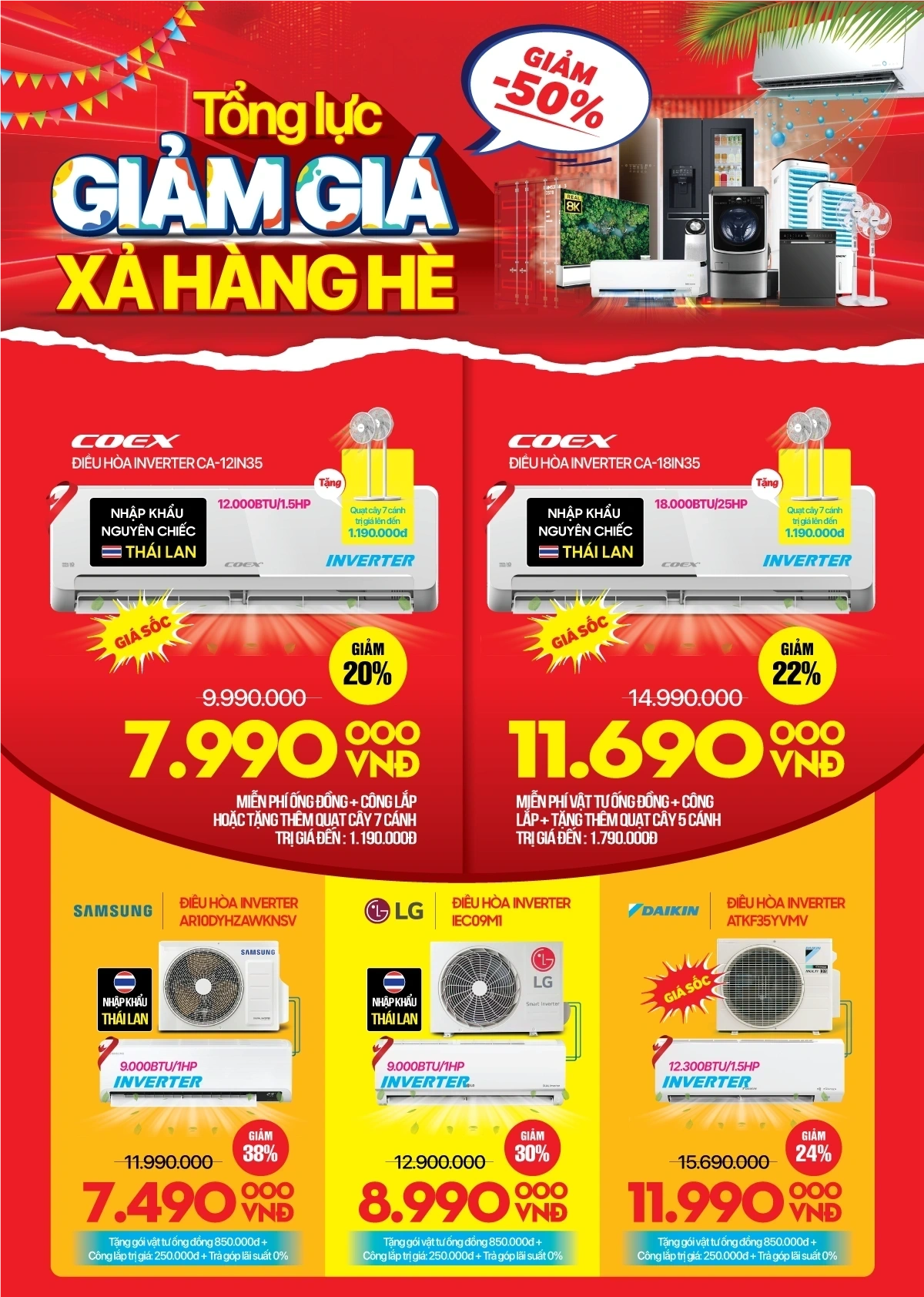 Tổng lực giảm giá - Điều hòa, tủ lạnh, máy giặt... giảm tới 3 triệu - chỉ từ 4,19 Tr